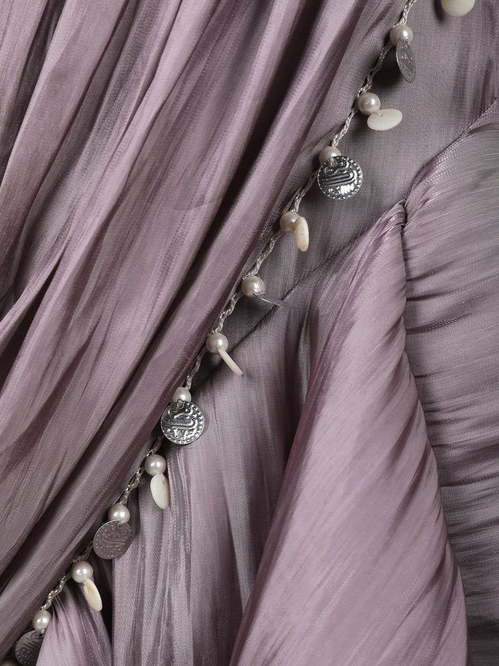 Dusty Lavender Solid Design Ruffle Drape Georgette Ready To Wear Saree - Diadem