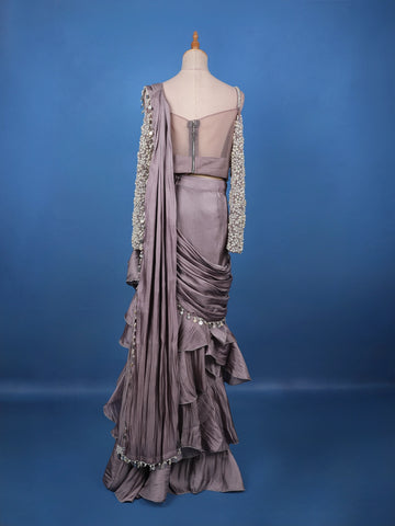 Dusty Lavender Solid Design Ruffle Drape Georgette Ready To Wear Saree - Diadem