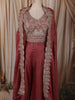 Dusty Maroon Floral Zari Embroidered Design Organza Palazzo Suit with Over Coat