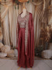 Dusty Maroon Floral Zari Embroidered Design Organza Palazzo Suit with Over Coat