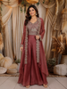 Dusty Maroon Floral Zari Embroidered Design Organza Palazzo Suit with Over Coat