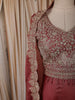 Dusty Maroon Floral Zari Embroidered Design Organza Palazzo Suit with Over Coat