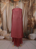 Dusty Maroon Floral Zari Embroidered Design Organza Palazzo Suit with Over Coat