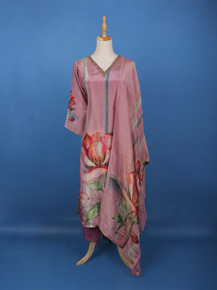 Dusty Mauve Floral Printed Silk Salwar Suit - Diadem