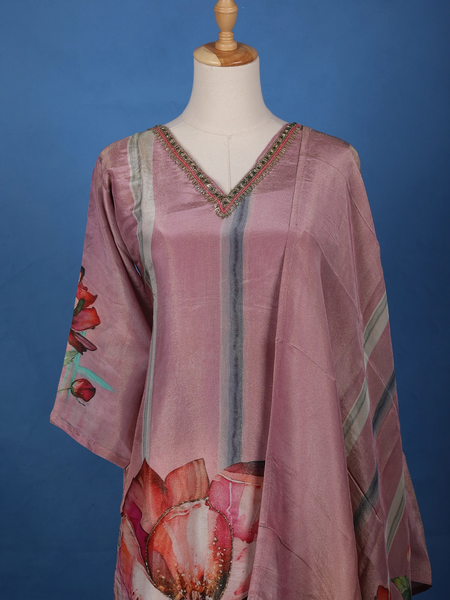 Dusty Mauve Floral Printed Silk Salwar Suit - Diadem