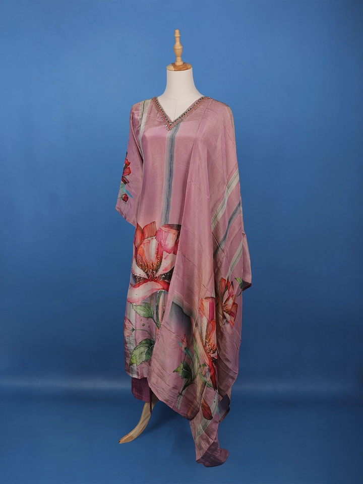Dusty Mauve Floral Printed Silk Salwar Suit - Diadem
