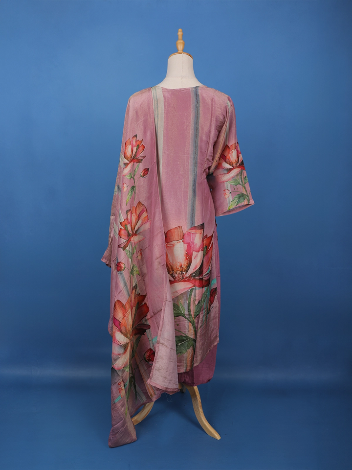 Dusty Mauve Floral Printed Silk Salwar Suit - Diadem