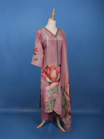 Dusty Mauve Floral Printed Silk Salwar Suit - Diadem