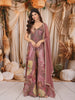 Dusty Mauve Floral Printed and Crystal Embellished Design Organza Party Wear Palazzo Suit with Matching Dupatta