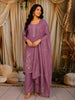 Dusty Mauve Floral Sequins and Beads Embroidered Design Satin Straight Cut Salwar Suit with Dupatta