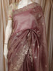 Dusty Mauve Floral Thread Embroidered Design Pure Organza Saree with Scalloped Border