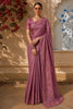 Dusty Mauve Floral Thread Embroidered Design Pure Tussar Saree with Lace Border