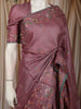 Dusty Mauve Floral Thread Embroidered Design Pure Tussar Saree with Lace Border
