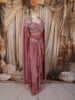 Dusty Mauve Pink Heavy Sequins and Beads Embroidered Design Satin Silk Skirt Top with Cape Sleeve