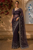 Dusty Mauve Purple Floral Vine Stone Embellished Design Organza Party Wear Saree with Scalloped Border