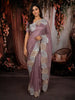 Dusty Mauve Purple Leaf Thread Embroidered Design Pure Tissue Silk Party Wear Saree