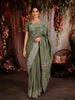 Dusty Olive Green Floral Thread Embroidered Design Pure Tussar Silk Fancy Saree with Thread Work Border