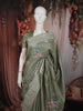 Dusty Olive Green Floral Thread Embroidered Design Pure Tussar Silk Fancy Saree with Thread Work Border