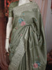 Dusty Olive Green Floral Thread Embroidered Design Pure Tussar Silk Fancy Saree with Thread Work Border