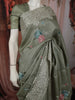 Dusty Olive Green Floral Thread Embroidered Design Pure Tussar Silk Fancy Saree with Thread Work Border