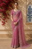 Dusty Onion Pink Floral Sequins and Beads Embroidered Design Tissue Organza Designer Saree with Matching Blouse