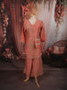 Dusty Peach Floral Beads Embroidered Design Tissue Party Wear Palazzo Suit with Matching Potli Bag