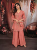 Dusty Peach Floral Beads Embroidered Design Tissue Party Wear Palazzo Suit with Matching Potli Bag