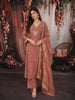 Dusty Peach Leafy Sequins and Beads Embroidered Design Organza Straight Cut Salwar Suit with Matching Dupatta