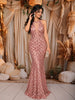 Dusty Peach Scallop Sequins Embroidered Design Sequins Fabric Party Wear Fish Cut Gown with Draped Beaded Neckline