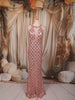 Dusty Peach Scallop Sequins Embroidered Design Sequins Fabric Party Wear Fish Cut Gown with Draped Beaded Neckline