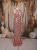Dusty Peach Scallop Sequins Embroidered Design Sequins Fabric Party Wear Fish Cut Gown with Draped Beaded Neckline