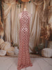 Dusty Peach Scallop Sequins Embroidered Design Sequins Fabric Party Wear Fish Cut Gown with Draped Beaded Neckline