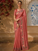 Dusty Pink Checked Woven Design Pure Tussar Saree with Motif Thread Embroidered Border
