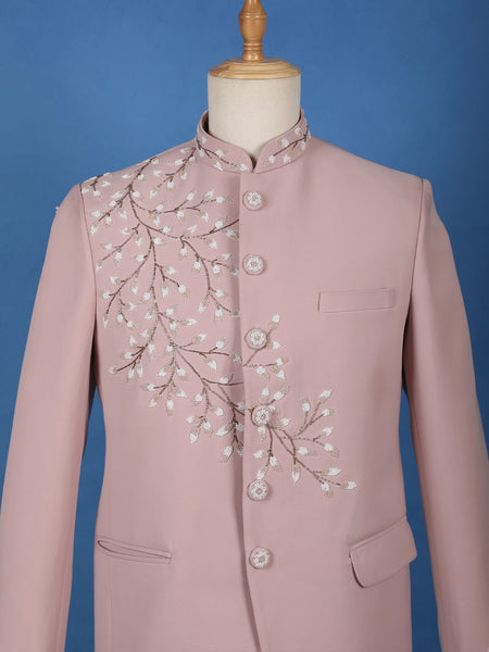 Dusty Pink Floral Bead Embroidery polyester Men's Suit Set - Diadem