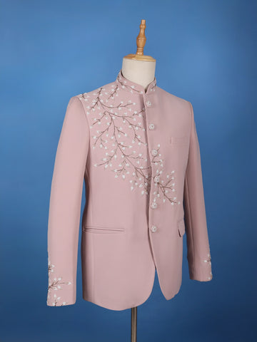 Dusty Pink Floral Bead Embroidery polyester Men's Suit Set - Diadem