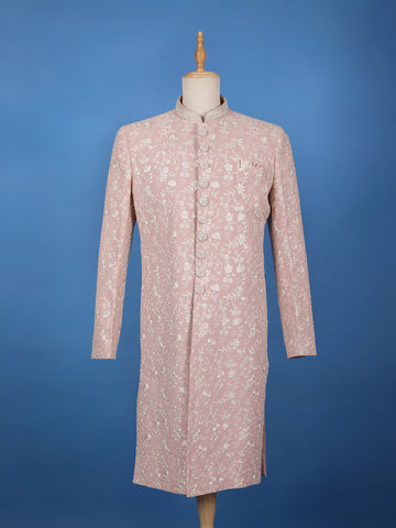 Dusty Pink Floral Embroidered Polyester Sherwani Suit - Diadem