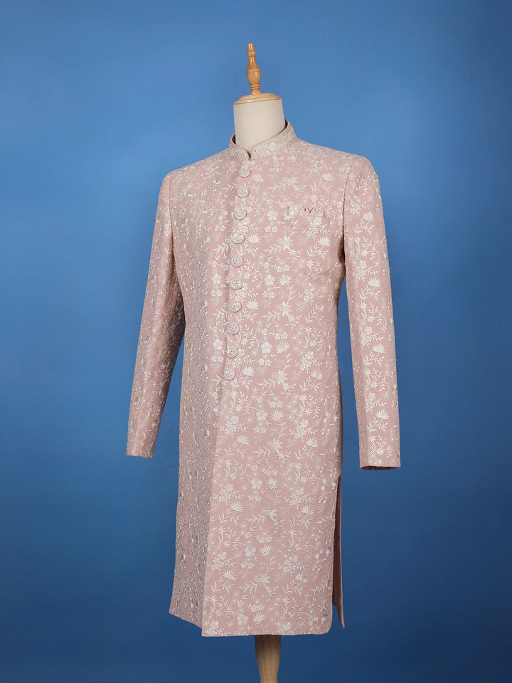 Dusty Pink Floral Embroidered Polyester Sherwani Suit - Diadem