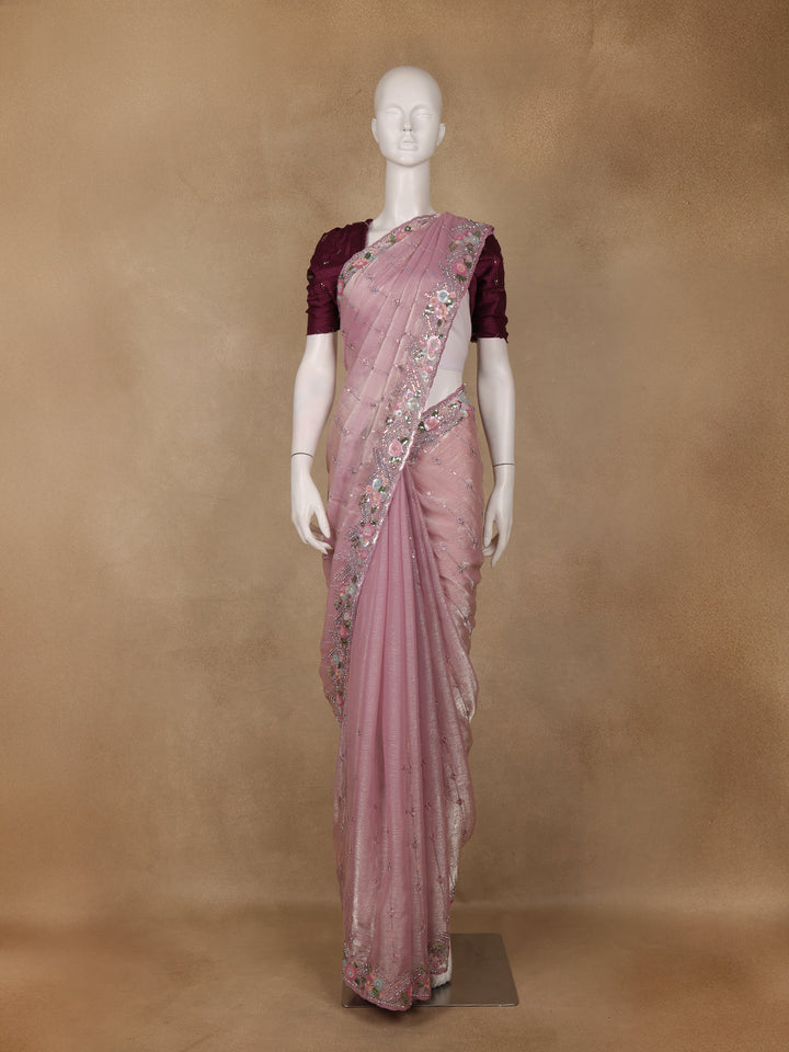 Dusty Pink Floral Sequins Embroidered Organza Saree - Diadem