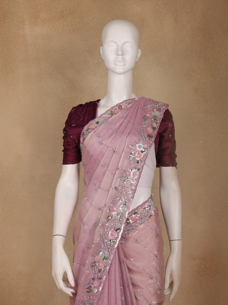 Dusty Pink Floral Sequins Embroidered Organza Saree - Diadem