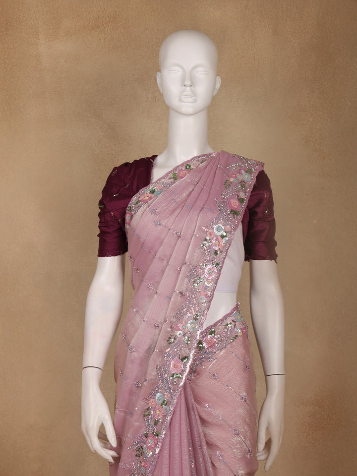 Dusty Pink Floral Sequins Embroidered Organza Saree - Diadem