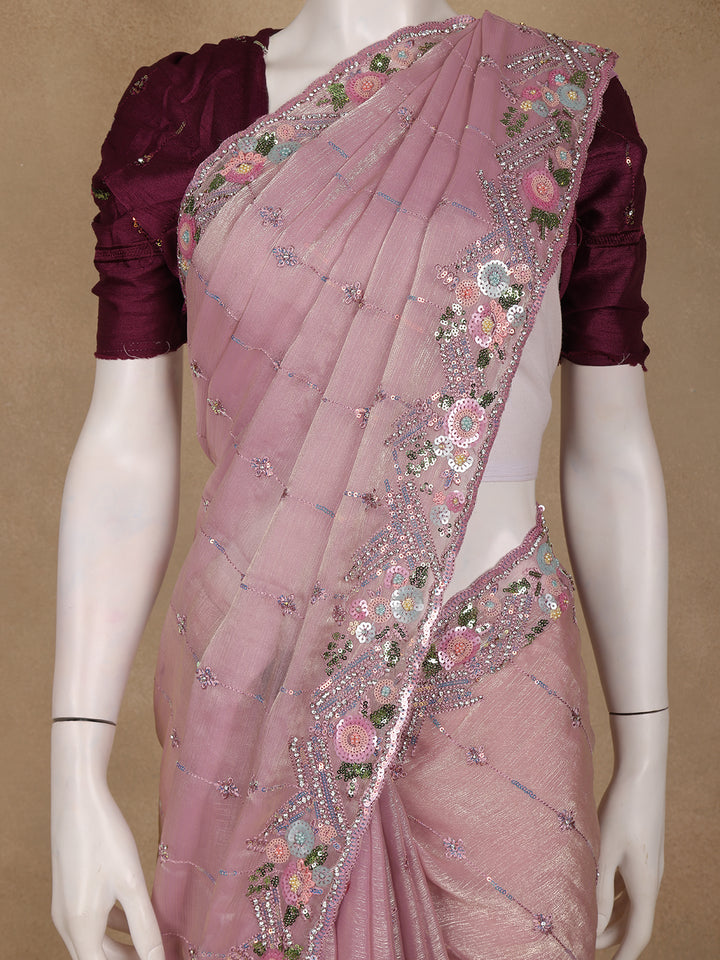 Dusty Pink Floral Sequins Embroidered Organza Saree - Diadem