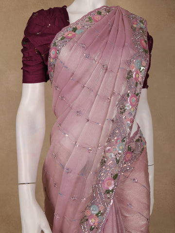 Dusty Pink Floral Sequins Embroidered Organza Saree - Diadem