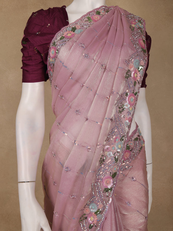 Dusty Pink Floral Sequins Embroidered Organza Saree - Diadem
