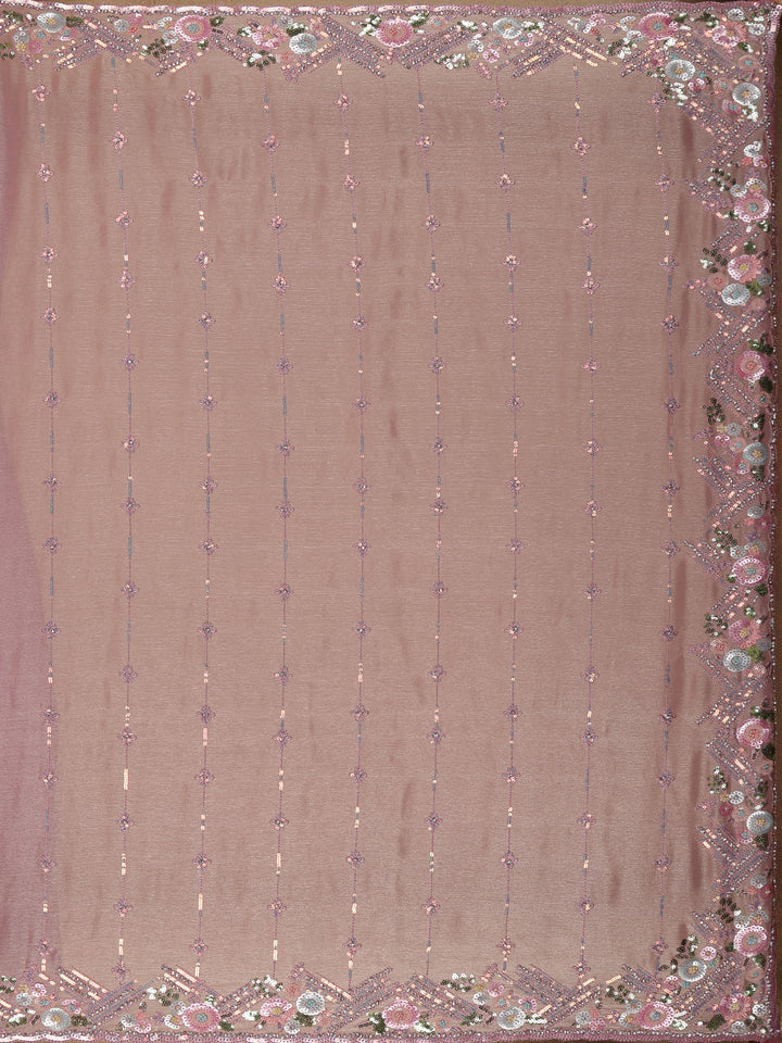 Dusty Pink Floral Sequins Embroidered Organza Saree - Diadem