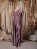 Dusty Purple Heavy Sequin and Beads Embroidered Design Corset Style Pre-Draped Satin Skirt Top