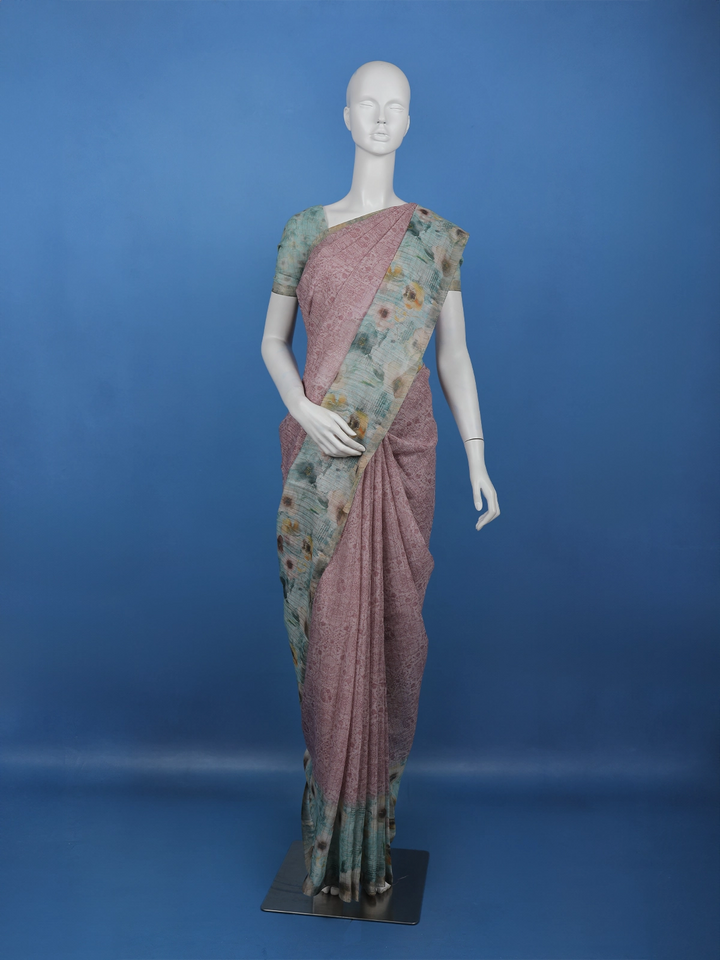 Dusty Rose Floral Design Tussar Silk Saree - Diadem