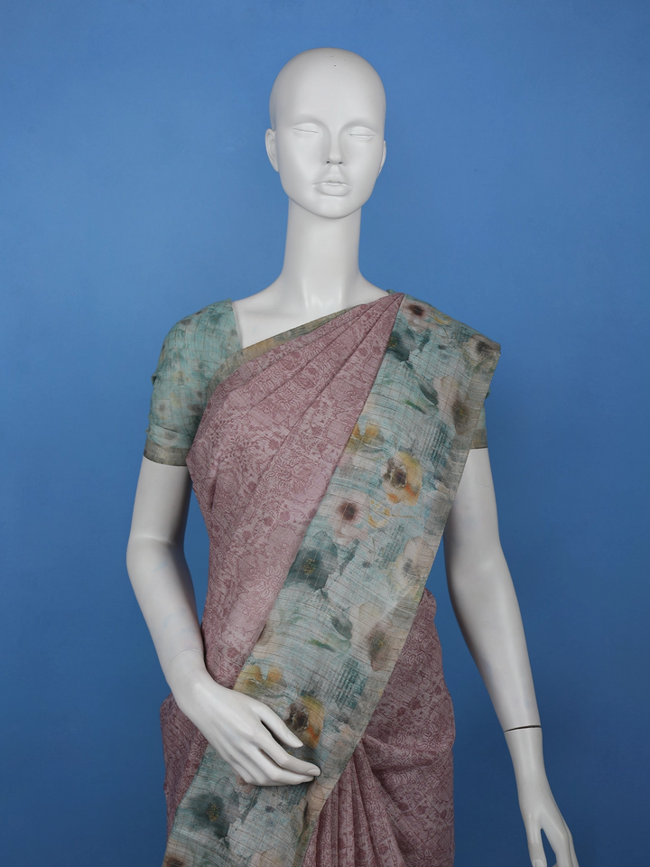 Dusty Rose Floral Design Tussar Silk Saree - Diadem