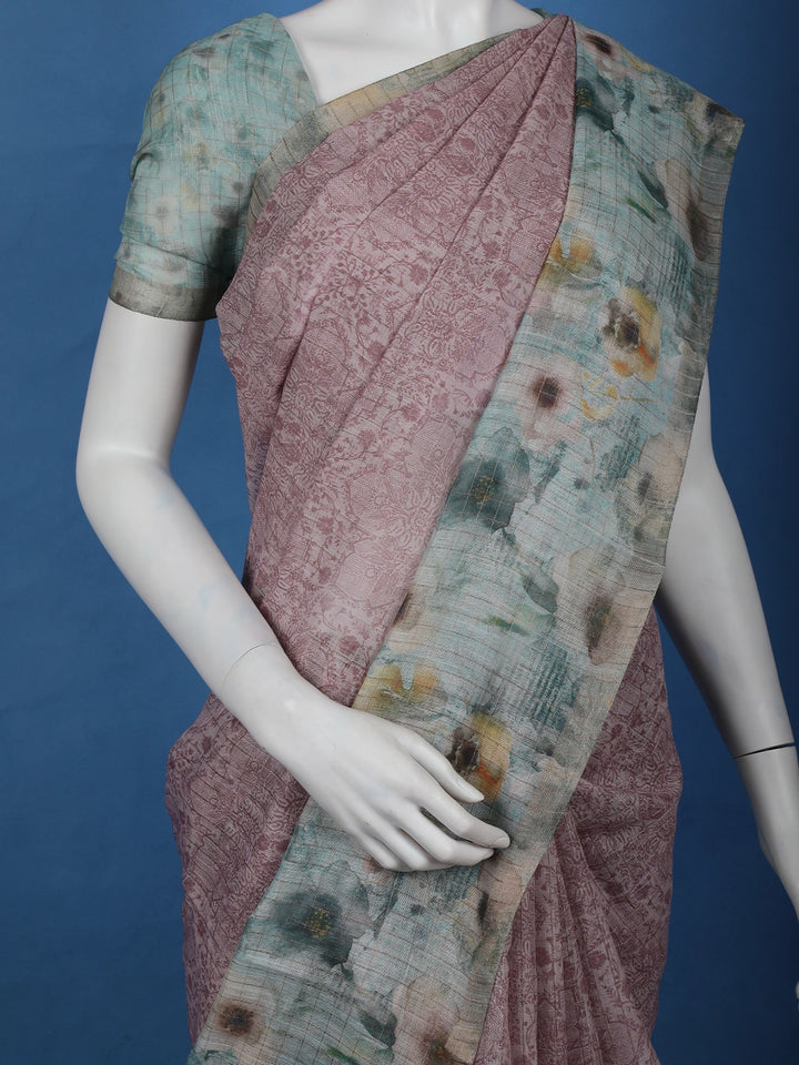 Dusty Rose Floral Design Tussar Silk Saree - Diadem