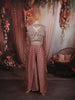 Dusty Rose Floral Vine Sequins and Beads Embroidered Design Tissue Silk Indo Western Palazzo Suit with Matching Choker Dupatta