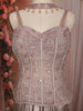 Dusty Rose Gold Heavy Sequin and Beads Embroidered Design Satin Skirt Top with Corset Style